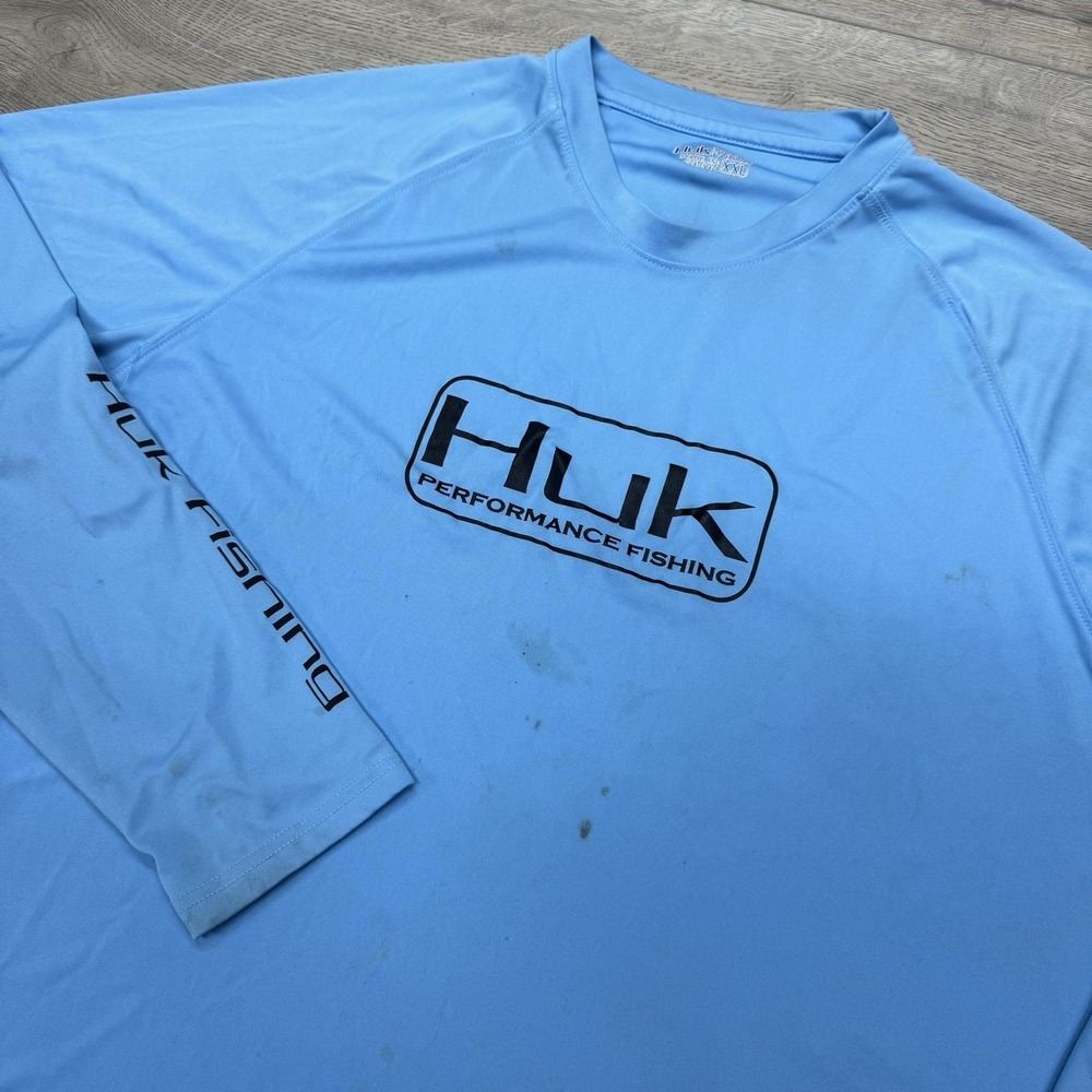 Huk Performance Fishing Blue L/S Shirt Men's Sz XXL FAIR STAINS